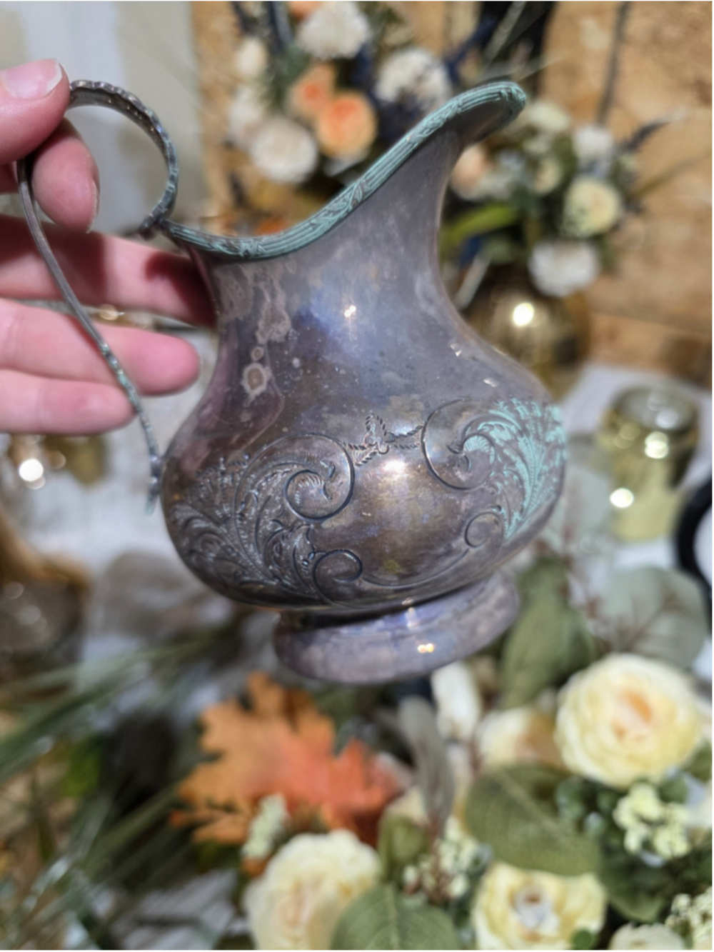 Antique Unbranded Silver and Green Decorative Metal Creamer Pitcher One Size